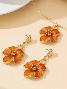 Set Kalung dan Anting Liontin Bunga Oranye 3pcs/Set, Hadiah Liburan untuk Teman dan Sahabat Terbaik - Gaya 16 - View 4