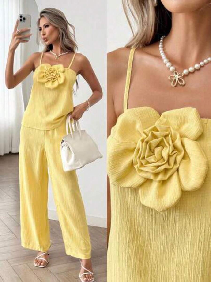 Conjunto de 2 piezas de camiseta sin mangas y pantalones en color amarillo crema para mujer, con decoración floral 3D, adecuado para vacacione - Amarillo claro - Ver 1