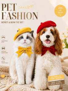 Knitted Beret + Velvet Bow Collar Set, Universal For Cats And Dogs, Photo Prop Accessory - Multicolor - View 1