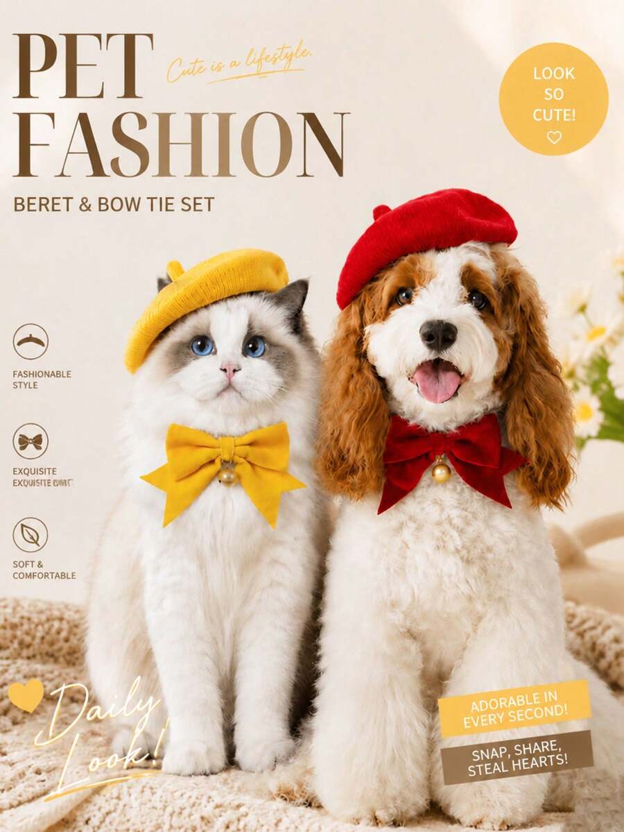 Knitted Beret + Velvet Bow Collar Set, Universal For Cats And Dogs, Photo Prop Accessory - Multicolor - View 1