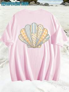 Women's Oversized T-Shirt With Seashell Design, Coastal Style, Casual Summer Tops, Clothing For 4th Of July, Graduation, Teacher's Clothing, Women's Summer Vacation - 嬰兒粉 2 - 查看 3