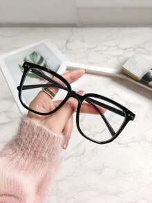 1pc Minimalist Pure Black Full Frame Glasses, Simple Square Design, Versatile Style, Clear Lenses, Unisex - Multicolor - View 4