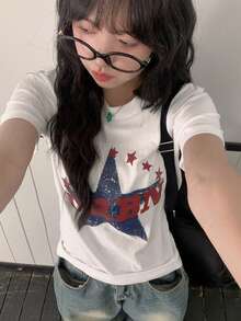 Y2K復古風女款夏季新款休閒純棉磨損五角星字母印花短袖T恤上衣 白色 - 白色 - 查看 2