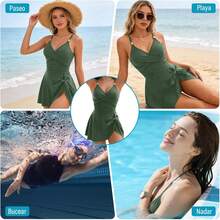 Women's Swimsuits, Women's Swimsuits For Swimming And Fitted Swimwear, Women's One-Piece Swimsuit With Elegant Skirt, Women's Swimsuit With Tummy Control For Beach, Pool, And Surfing - 綠色的 - 查看 8