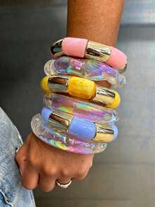 3pcs Random Bohemian Geometric Asymmetrical Y2K Colorful Transparent Acrylic Holographic Cuff Bracelets, Luxurious Casual Party Women Couple Wedding Vacation Versatile Jewelry Bracelet Gift - Multicolor - View 2