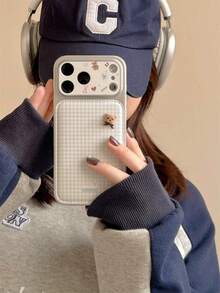 Minimalist Gentle Blue Plaid 3D Bear Phone Case Compatible With Apple 17 Pro Max, 15, 16 Pro, 13, 15 Pro, 17, 14, Full Coverage, Anti-Drop, Women's - Beige - View 2