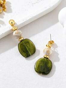 1 Pair Vintage Unique Exaggerated Asymmetric Resin Drop Earrings, Women's Jewelry Accessories For Daily Commute, Vacations, Dates, Banquets And Parties - Gold + Green - View 3