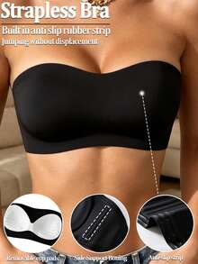 Women's Strapless Bandeau Backless Non-Wired Bra, Black Non-Slip Silicone Padded Cups, Removable Padding, Tube Top Lingerie - Black - View 1