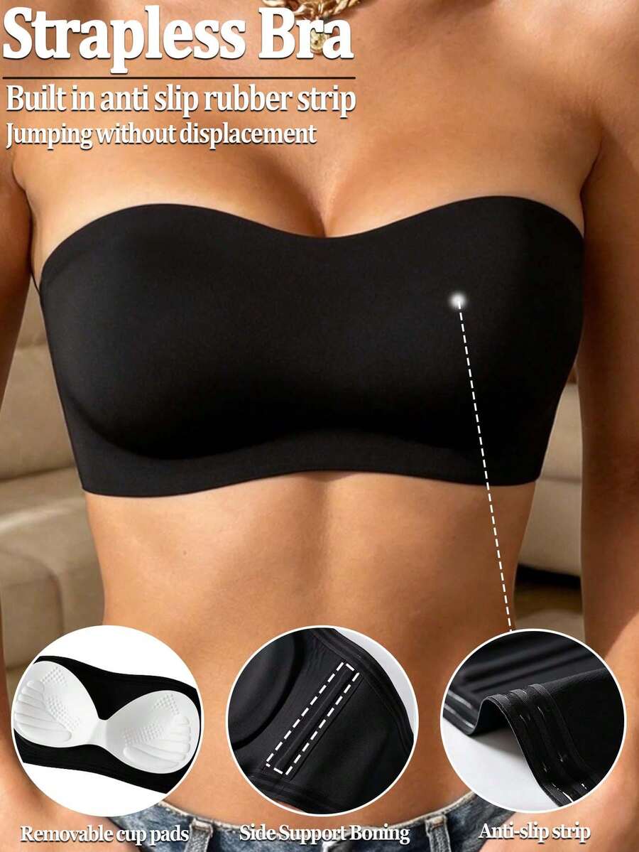 Women's Strapless Bandeau Backless Non-Wired Bra, Black Non-Slip Silicone Padded Cups, Removable Padding, Tube Top Lingerie - Black - View 1