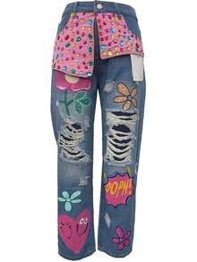 Nuevos artículos calientes Pantalones vaqueros con rasgados, desgastados y destruidos, con estampado de piedras preciosas de colores para mujer, para fiestas y clubes - Azul - Ver 2