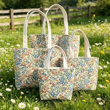 Vintage Blue Red Flower Print Canvas Handbag Casual Daily Shopping Beach Bag - View 1