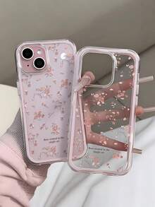 1 pieza Funda de teléfono con marco rosa, protección de lente minimalista, pantalla completa, patrón floral disperso, diseño de rompecabezas, personalizada, compatible con iPhone 16 Pro Max/17/16/15/14 Plus/13/12/11, carcasa protectora - Multicolor - Ver 1