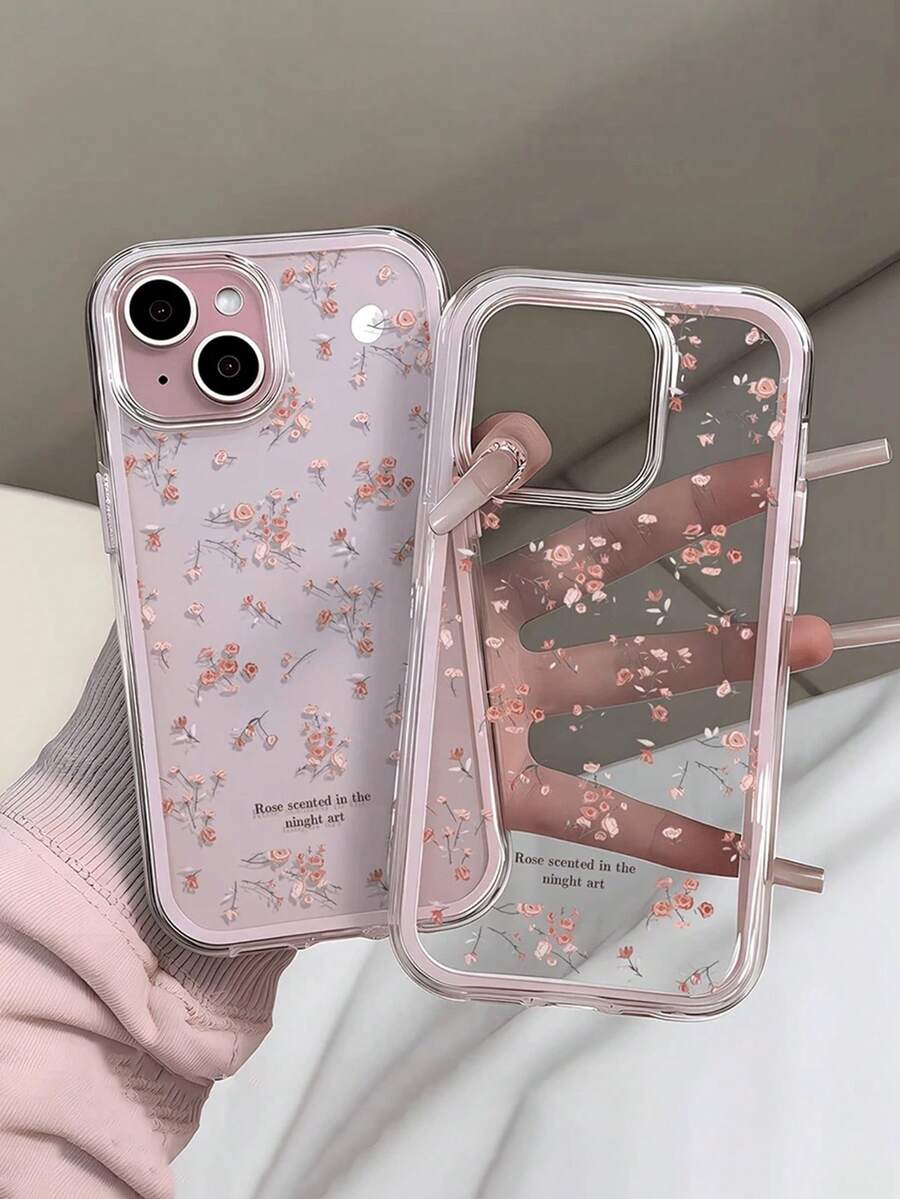 1 pieza Funda de teléfono con marco rosa, protección de lente minimalista, pantalla completa, patrón floral disperso, diseño de rompecabezas, personalizada, compatible con iPhone 16 Pro Max/17/16/15/14 Plus/13/12/11, carcasa protectora - Multicolor - Ver 1