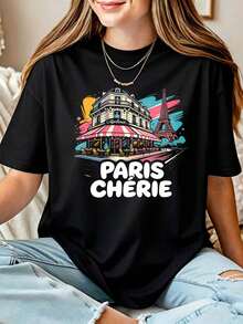 Paris Cherie Café Illustration Women's T-Shirt - Black - View 1