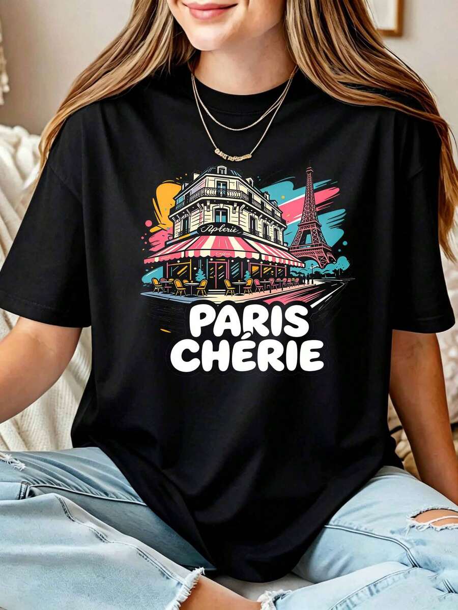 Paris Cherie Café Illustration Women's T-Shirt - Black - View 1