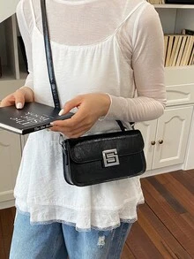 Tas Tangan Kecil Vintage Premium untuk Wanita, Tas Tote Persegi Kulit Minyak Baru, Tas Selempang Bahu Serbaguna yang Modis - Hitam - View 3