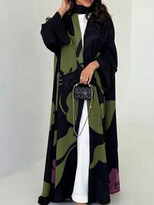 節慶新品女款時尚雪紡印花休閒長袍（含頭巾）度假黑色秋季 - 黑色 - 查看 4