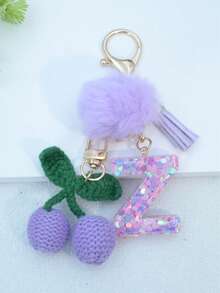 1 buah Gantungan Kunci Huruf Inggris Resin Bermotif Langit Berbintang dengan Hiasan Rumbai dan Bola Bulu Hitam, Liontin Hati, Hadiah untuk Teman dan Ibu - Mauve Purple - View 37