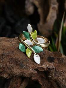 1pc Women's Fashion Bohemian Style Enamel Green & Khaki Leaf Ring, Gold Elastic Design, Suitable For Daily, Party, Ball, Vacation, Music Festival Jewelry Accessory Gift - Leaf - View 13