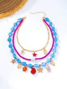 1 pieza Collar con colgante de estrella de mar, perla y concha de estilo vacacional oceánico con cadena de cuentas acrílicas y metal, adecuado para el uso diario de verano en la playa para mujeres - Multicolor - Ver 5