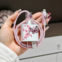 Casing Pelindung Kabel Data dan Charger dengan Motif Kupu-kupu dan Bunga Sakura, Tempat Penyimpanan Kabel Data, Dilengkapi Tanda untuk Mencegah Terambil Secara Tidak Sengaja - Berkualitas Tinggi, Kompatibel dengan iPhone 17, 16, 15, 14, 13, 12, dan 11, Adaptor Pengisian Daya 20W. - MultiWarna - View 3