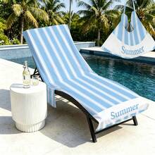 1pc 210*75cm Classic Striped SUMMER Bohemian Lounge Chair Cover Beach Chair Cover, Absorbent - Quick Drying, Lightweight Towel With Pocket, Suitable For Pool, Beach, Camping And Picnic, Beach Towel Lounge Chair Cover | Modern Beach Towel | Durable Beach Mat, Beach Towel - Baby Blue - View 1