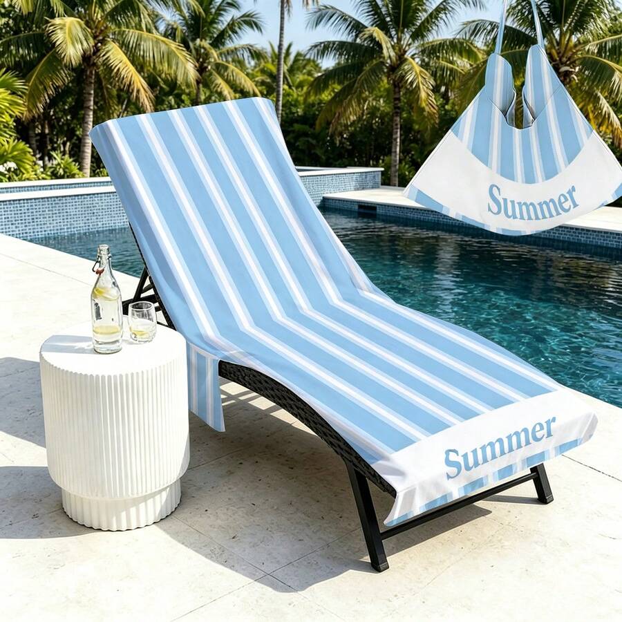 1pc 210*75cm Classic Striped SUMMER Bohemian Lounge Chair Cover Beach Chair Cover, Absorbent - Quick Drying, Lightweight Towel With Pocket, Suitable For Pool, Beach, Camping And Picnic, Beach Towel Lounge Chair Cover | Modern Beach Towel | Durable Beach Mat, Beach Towel - Baby Blue - View 1