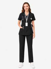 cimmuovere Top de blouse de travail à col en V et manches courtes avec deux poches pour femmes grandes tailles. Blouse de travail pour infirmière, dentiste, soins de santé, hôpital vétérinaire, laboratoire. Convient pour l'automne et le printemps. - Noir - Voir 5