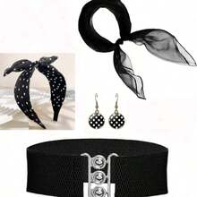Set de 4 piezas de accesorios vintage de los años 50 para mujer | Gafas de ojo de gato retro, pañuelo, diadema y pendientes de lunares, perfecto para fiestas temáticas vintage y eventos de Halloween - Multicolor - Ver 3