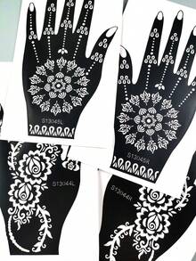2 Pairs Floral Henna Hollow Stencil Mandala Flower Hand & Foot DIY Tattoo Template, Reusable Self-Adhesive Stencil For Wedding, Exotic Style, Festival Decoration - Black - View 4