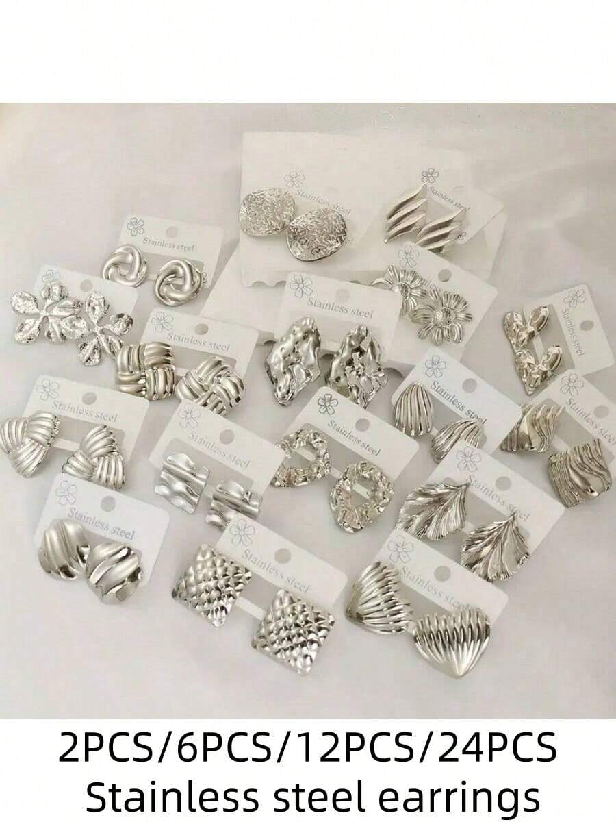 12对优雅的不锈钢铸造耳环，造型包括花朵、水滴、蝴蝶、翅膀和几何形状。这些简约时尚的不锈钢耳环适合女性日常佩戴，也是送给女性朋友的理想礼物。 - 鋼色 - 查看 1