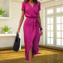 Vestido estampado para mujer europea y americana, vestido midi de verano con cuello en V y abertura lateral para mujer. - Negro - Ver 3
