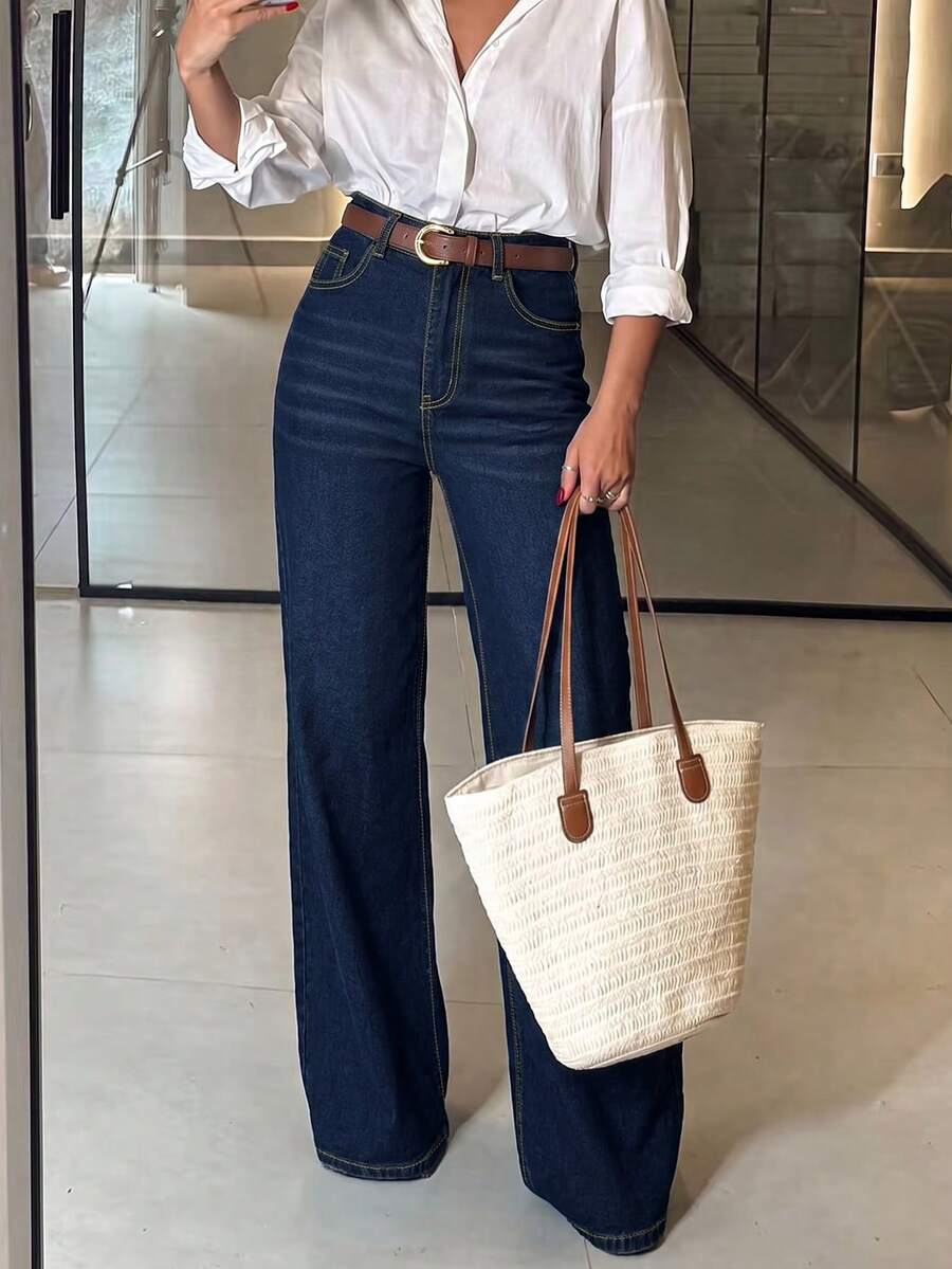TOP Women's Casual Straight Leg Jeans, Extra Long, Button Decor, Mid-Stretch Fabric, Comfortable Wear Fall - Dark Wash - View 1