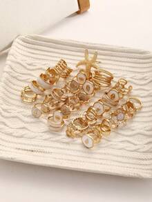 Random Style 7/12pcs Simple Fashion Old Money Style Marine Life Heart Flower Oil Drop Geometric Irregular Stacked Rings Set For Women Sisters Summer Vacation Date Gift Daily Casual Party Wedding Matching - Multicolor - View 5