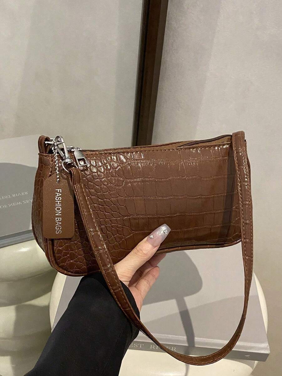Korean Style Crocodile Embossed Handbag For Women, New Fashion Shoulder Bag, Minimalist Crescent Moon Tote Bag For Women, For Going To Work, Green - 玫瑰金 - 查看 1