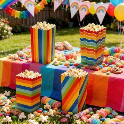6/12/24pcs Rainbow Striped Popcorn Boxes, Suitable For Rainbow Birthday Theme Party, Random Color Style, Can Be Used As Disposable Popcorn Containers, French Fries Boxes, Bread Boxes, Candy Boxes, Gender Reveal Disposable Food Packaging Boxes, Perfect For 1st Birthday Party, Newborn Party, Rainbow Chicken Nugget Boxes, Gender Reveal Trays, Party Favors, Suitable For Popcorn, Corn Chips