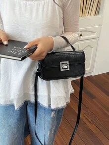 Tas Tangan Kecil Vintage Premium untuk Wanita, Tas Tote Persegi Kulit Minyak Baru, Tas Selempang Bahu Serbaguna yang Modis - Hitam - View 5
