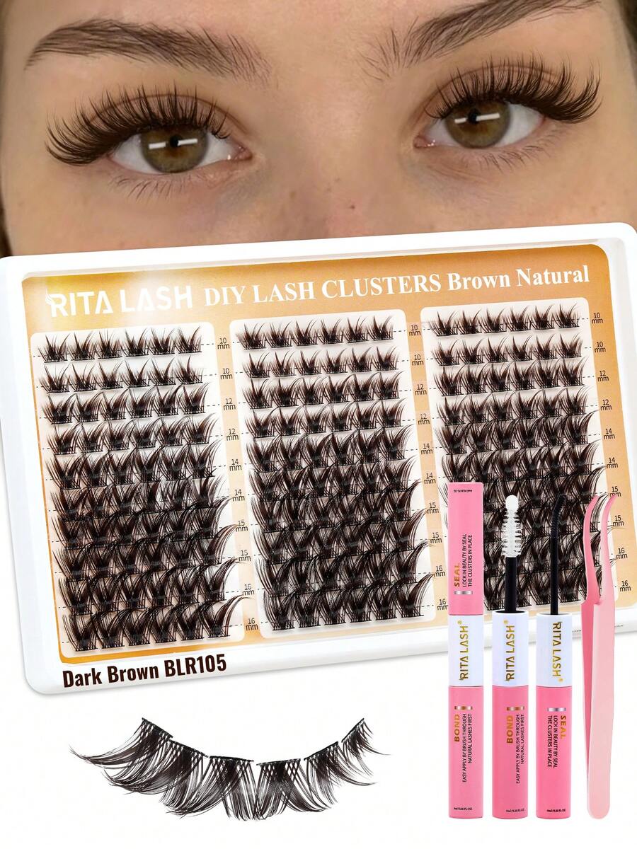 RITALASH 180PCS Premium Dark Brown Cluster Lashes Thin Band Lashes Soft & Lightweight All-In-One Kit With Strong Hold Glue And Precision Lash Tweezers For Daily Makeup Daily Going Out, And Holidays - Brown - View 1