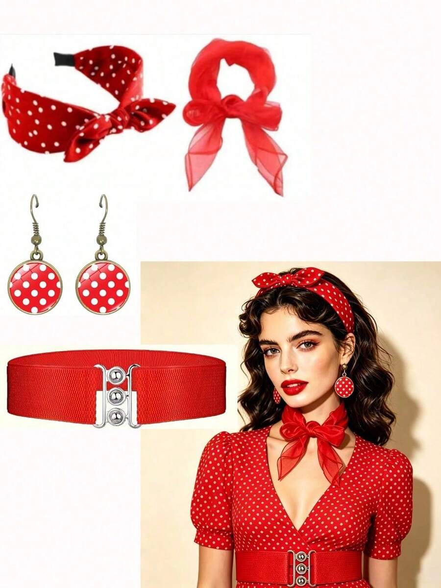 Set de 4 piezas de accesorios vintage de los años 50 para mujer | Gafas de ojo de gato retro, pañuelo, diadema y pendientes de lunares, perfecto para fiestas temáticas vintage y eventos de Halloween - Multicolor - Ver 1