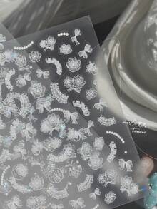 2D 壓花芭蕾風美甲貼紙，復古半透明白色蕾絲蝴蝶結迷你珍珠串珠彈性轉印貼，透明底優雅軟妹風美甲裝飾配件，適用日常沙龍美甲設計，1片 - 白色 - 查看 4