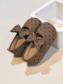 Girls' Linen Polka Dot Bow Decor Breathable Soft Sole Mary Jane Flats, Suitable For Spring And Summer - Coffee Brown - View 3