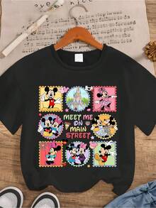 Disney Mickey And Minnie Mouse Print Women's T-Shirt, Casual, Fashionable Round-Neck Short-Sleeve Summer Top, Preppy Style Cartoon Breathable Sweatshirt, Suitable For Outdoor And Everyday Wear. - 黑色 - 查看 3