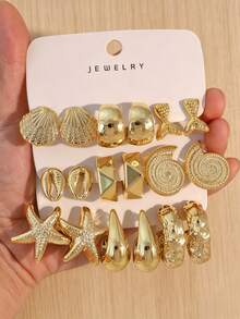 Juego de 3/9 pares de pendientes para mujer con diseño geométrico múltiple en forma de C de estrella de mar, concha y caracol, chapados en oro, accesorios de playa y océano, pendientes elegantes y de moda para uso diario (material CCB ligero y resistente a la decoloración) - Amarillo Oro - Ver 11