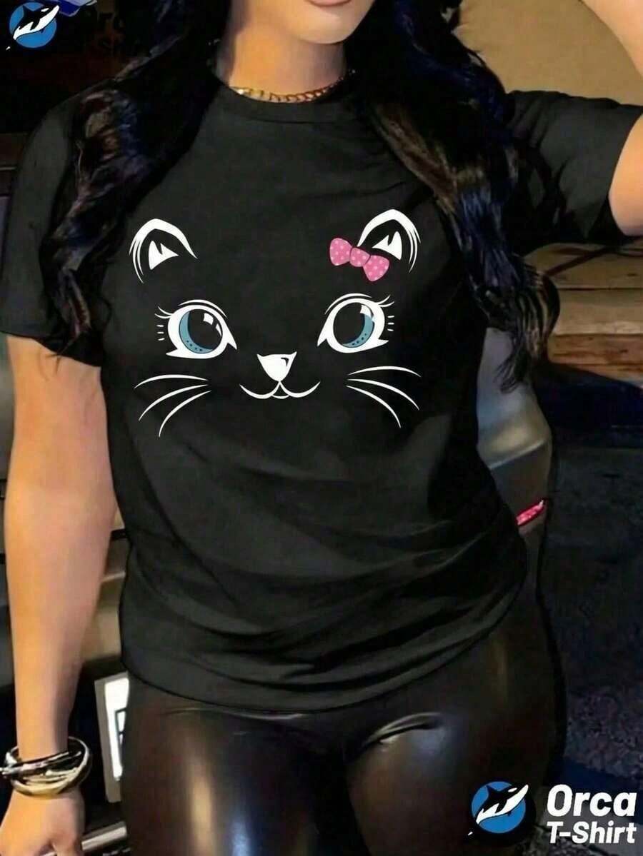 Women's Short Sleeve T-Shirt New Women's Round Neck T-Shirt, Short Sleeve, Loose, Casual And Versatile With Cat Print, Soft And Drapey Fabric 100% Cotton - 黑色 - 查看 1