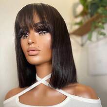 Natural Black Colored Short Bob With Bangs Full Machine Made Wig 12inch Silk Straight Glueless Wig No Lace Ready To Wear Real Human Hair Wig Cap For Beginners Non Lace Wig Bob Wig - Natural Black - View 5