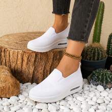 Women's Gray Breathable Knit Wedge Sneakers, Lightweight Shock-Absorbing Air Cushion Slip-On Shoes, Comfortable Non-Slip Casual Walking Trainers,Ideal - White - View 5