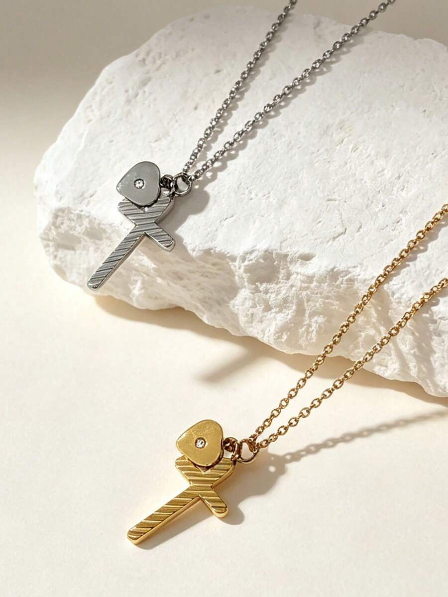 1pc Exquisite Minimalist Cross Heart Pendant Stainless Steel Necklace With Rhinestone Pendant Choker Necklace For Women, Daily Commute, Dating, Gift Accessory - Cross Heart Pendant Necklace - View 1