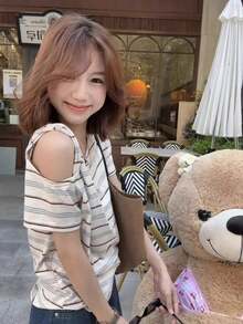 韓式拼接條紋不對稱單肩短袖女款夏季設計小眾吊帶上衣 - 杏色 - 查看 3