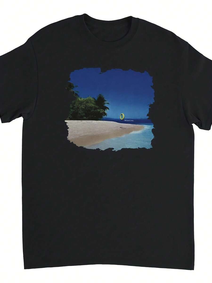 1 Pcs Daily Retro Casual 100% Cotton Unisex Tee, Soft Focus Tropical Beach Missed One Oversized T-Shirt For Vacation Street All Year - Black - View 1