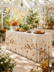 1pc Cream Autumn Bird Table Skirt, Farmhouse Style Polyester Rectangular Pleated Tablecloth Skirt, Maple Leaf Print, Decorative Buffet Dessert Tablecloth, Suitable For Thanksgiving Dinner, Autumn Wedding, Birthday Party And Home Decor - Multicolor - View 6